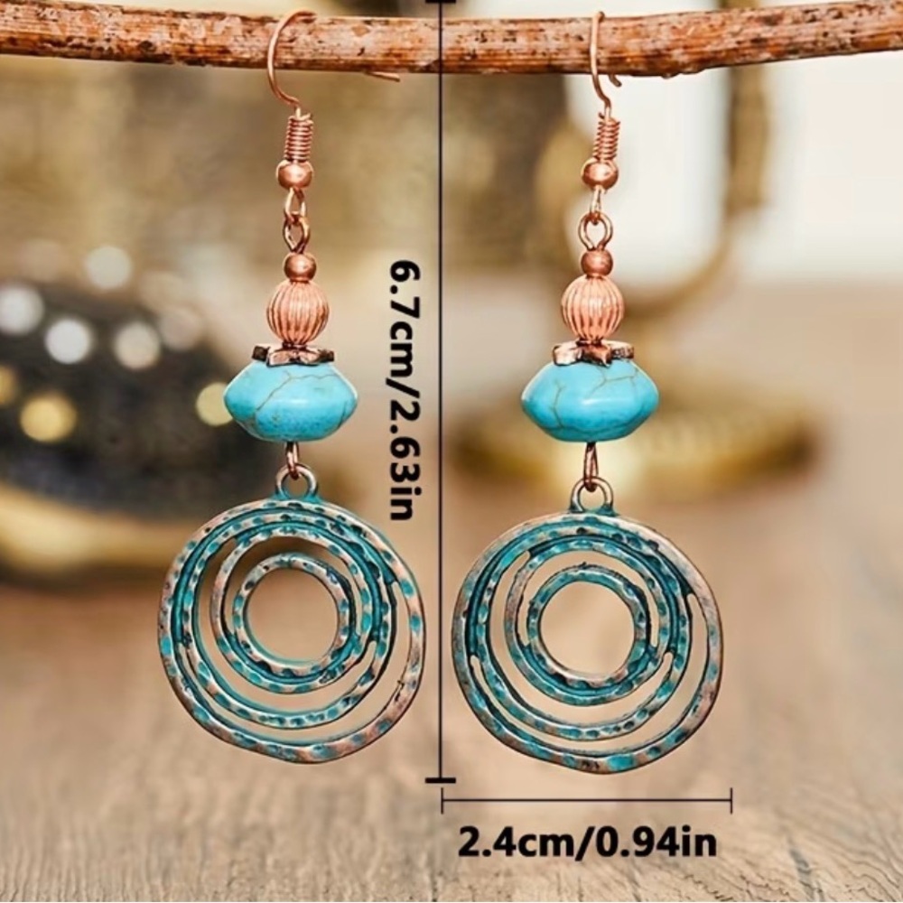 Western Earrings Handcrafted Turquoise Hoop Drop Earrings Cowgirl Style - Picture 3 of 3
